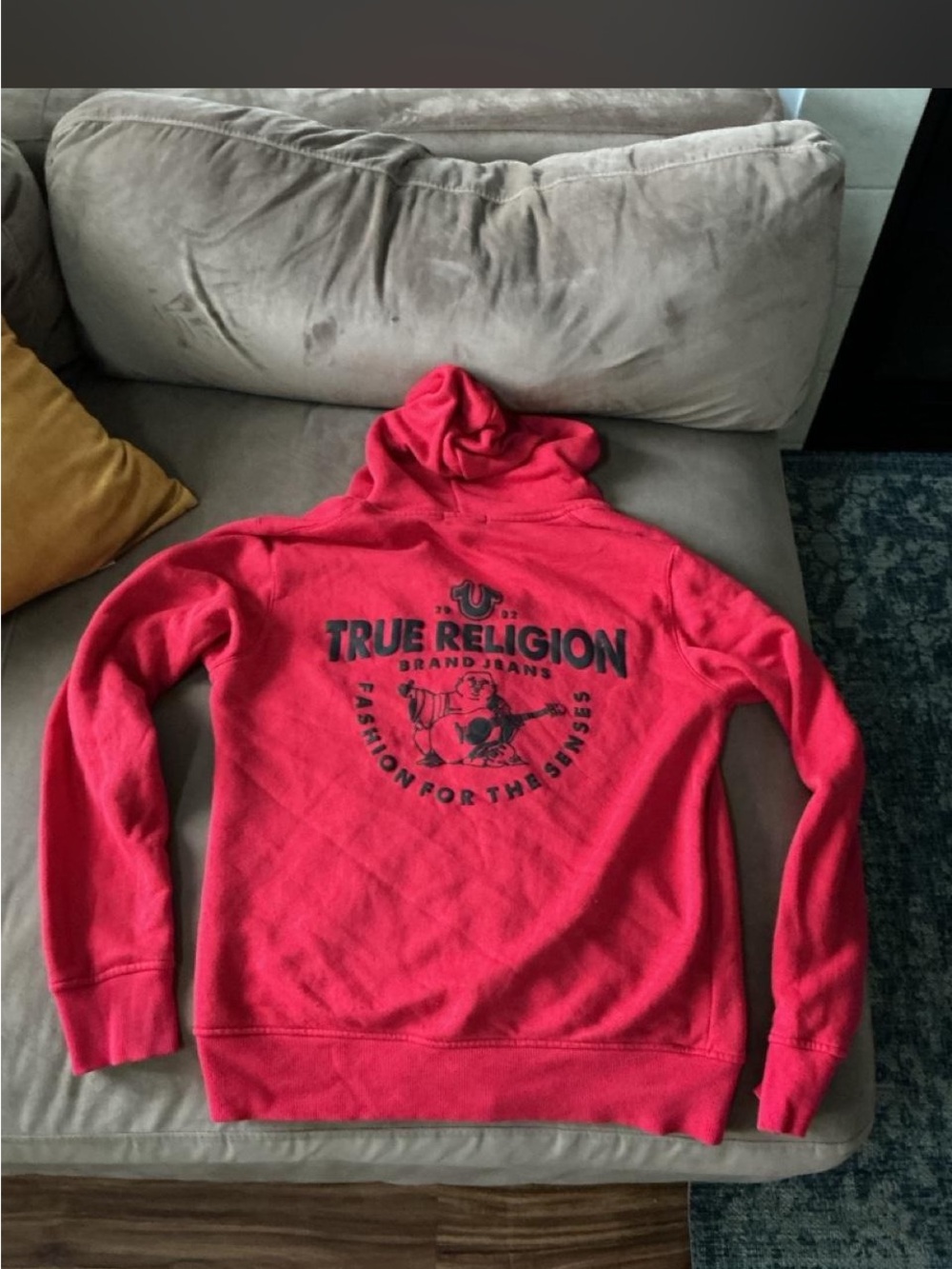 True Religion Men's Red Zip-Up Hoodie with Black Logo Print